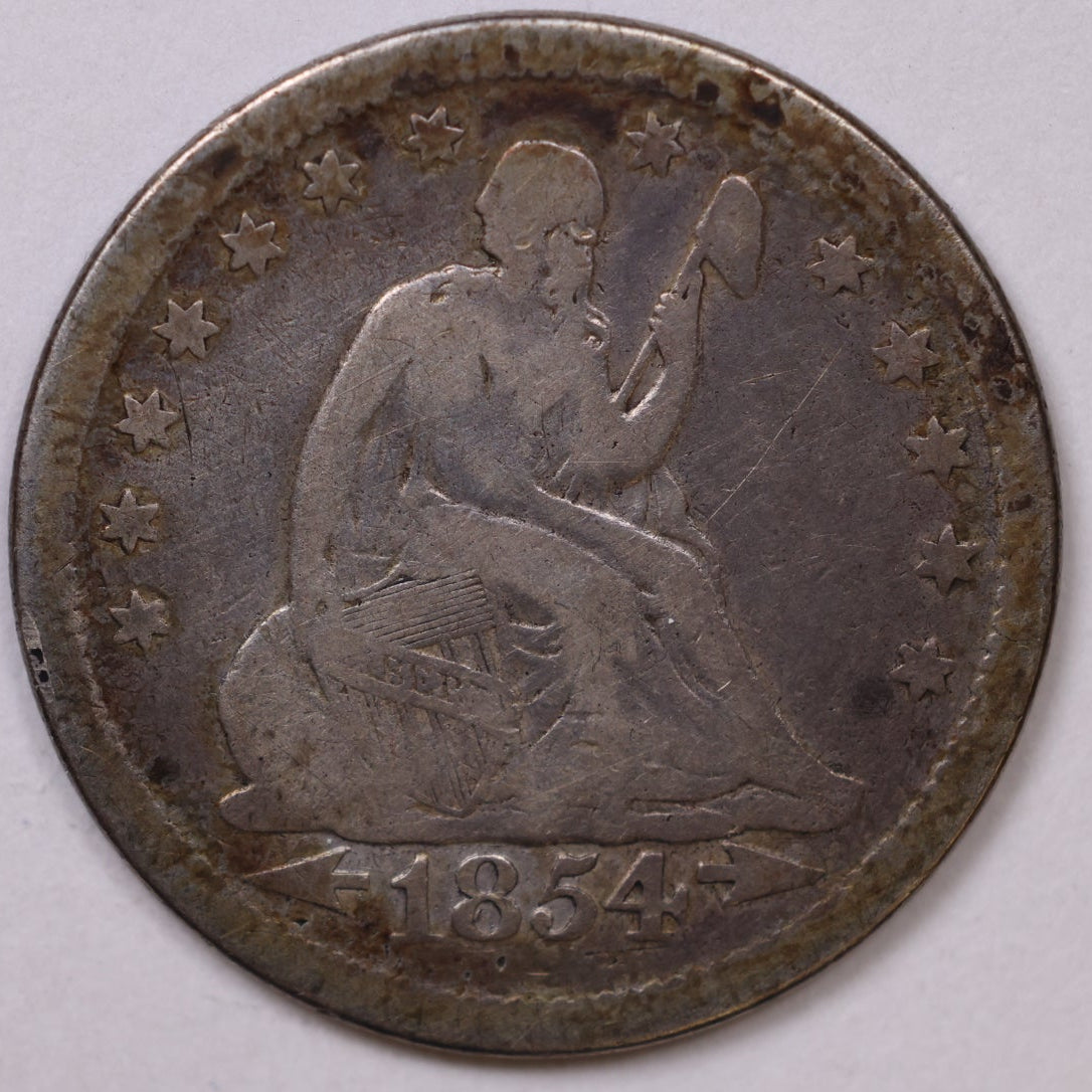 1854 Liberty Seated Quarter Arrows, Very Good+ Circulated Details, Store#QR1950