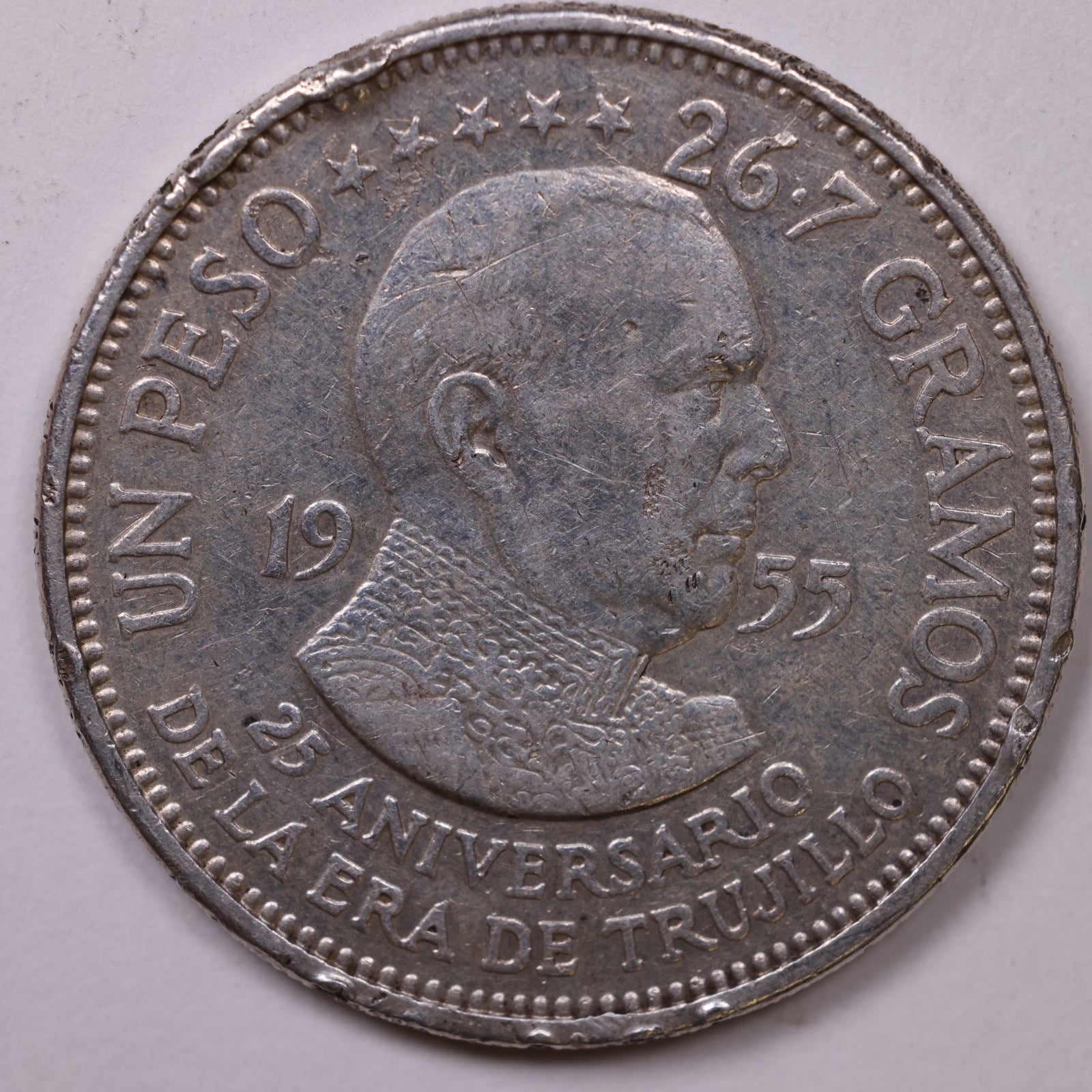 1955 UN PESO, Fine Circulated Silver Coin, 90% Silver, Store #FN0005