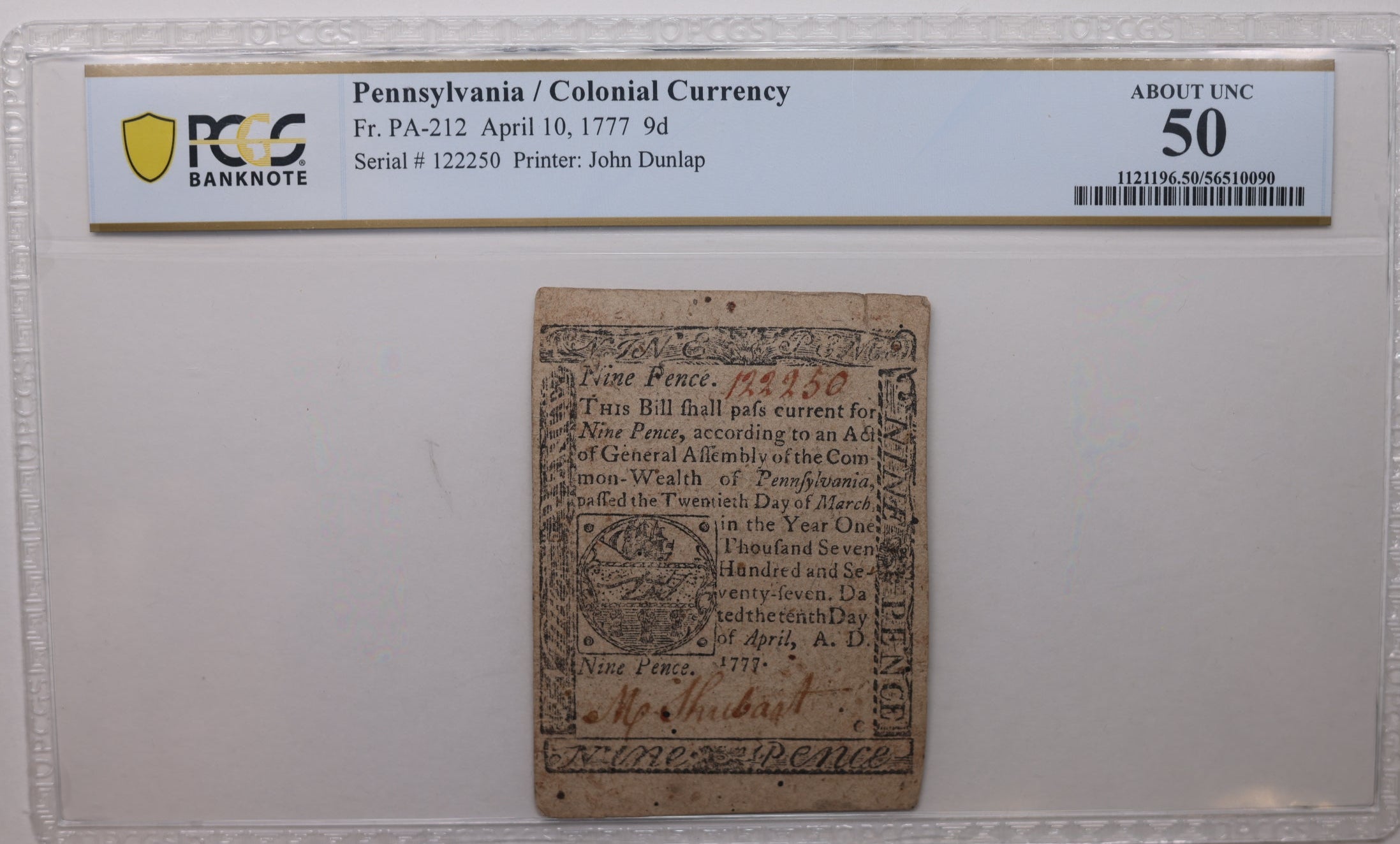 1777 Pennsylvania, 9 Pence, Fr-PA212, PCGS AU-50, Store #GCY028.