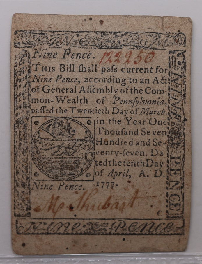1777 Pennsylvania, 9 Pence, Fr-PA212, PCGS AU-50, Store #GCY028.