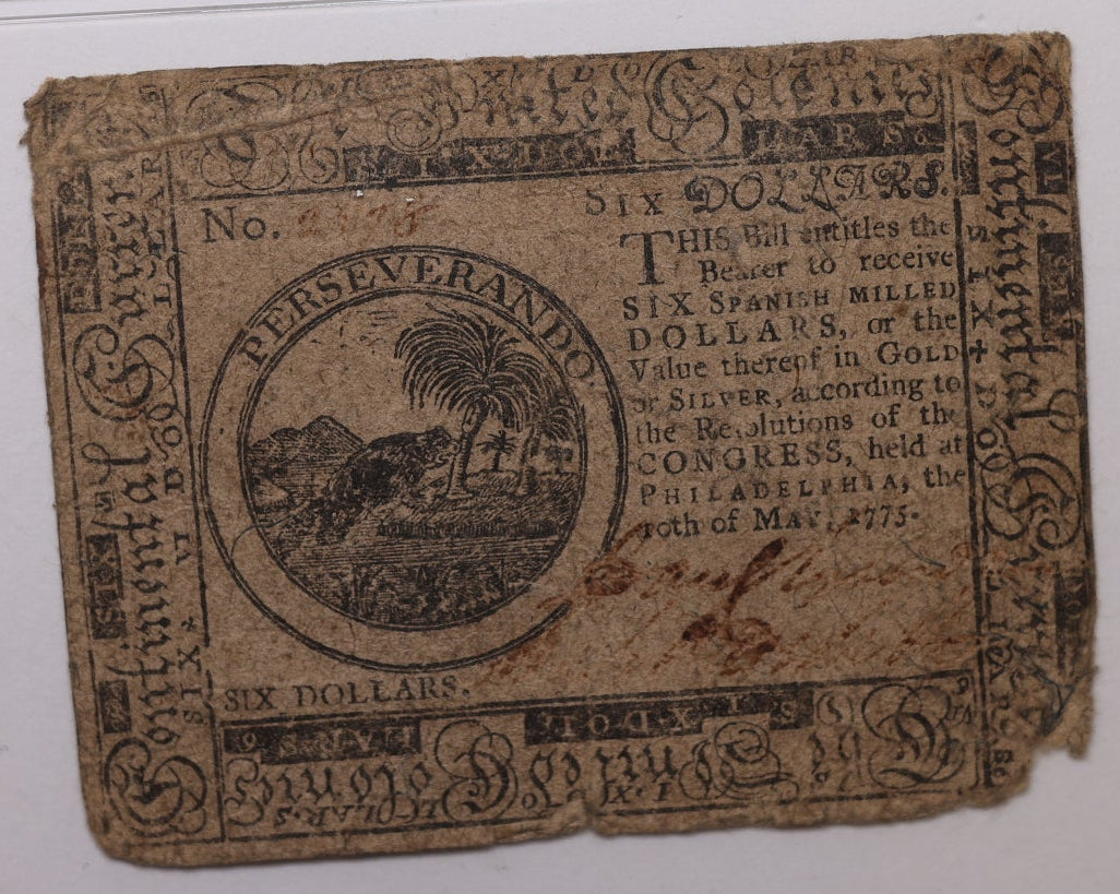 May 10, 1775 $6, Continental Currency, PMG VF-20, Store #GCY030.