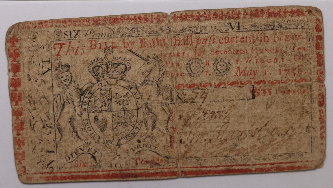 May 1, 1758, 6 Pounds, Fr# NJ-118, PMG VF-20, Store #GCY031.