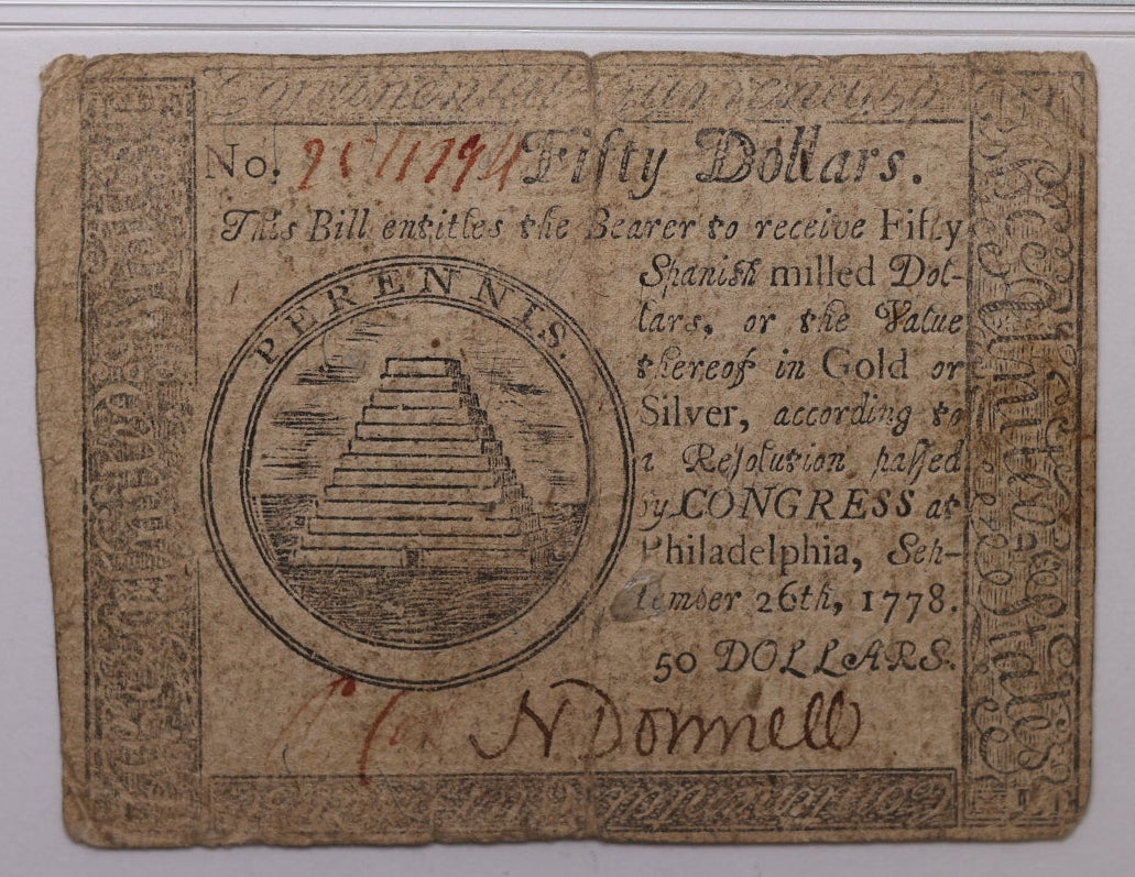 September 26, 1778, $50, Continental Currency, PMG VF-30, Store #GCY032.