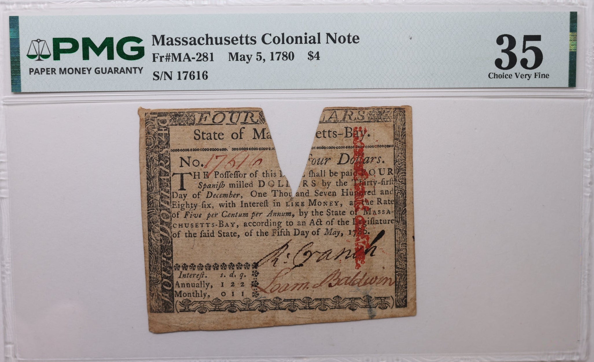 May 5, 1780, $4, Fr# MA-281, Continental Currency, PMG VF-35, Store #GCY033.