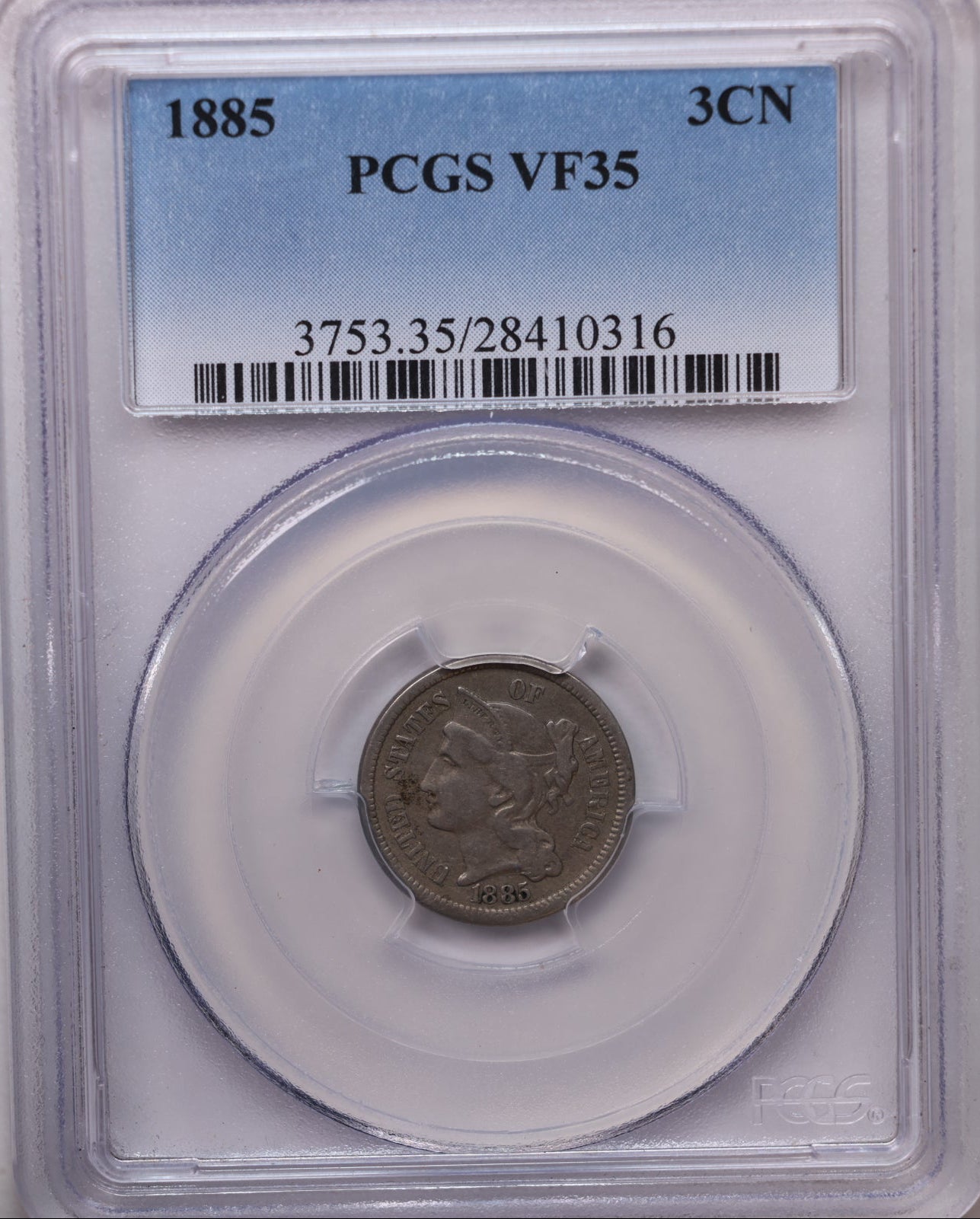 1885 3 Cent CN, Tough Date. Graded and Certified, PCGS VF-35, SALE #G3C012.