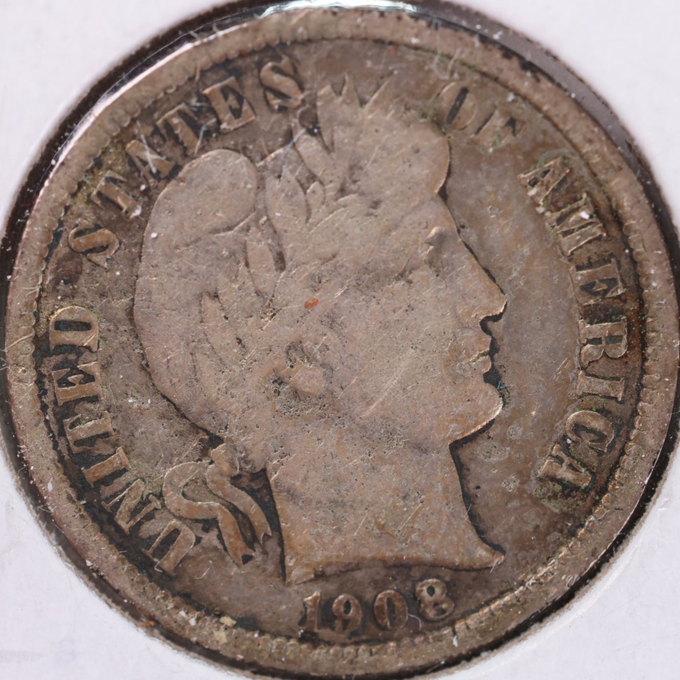 1908 Barber Silver Dime, Very Good+ Circulated Coin, Store #DE0560