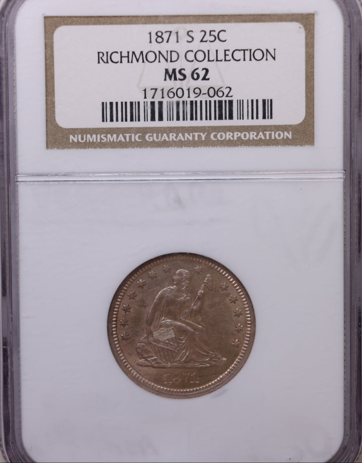 1871-S Seated Liberty Silver Quarter, NGC MS62 Uncirculated Coin, Store #QR1955.