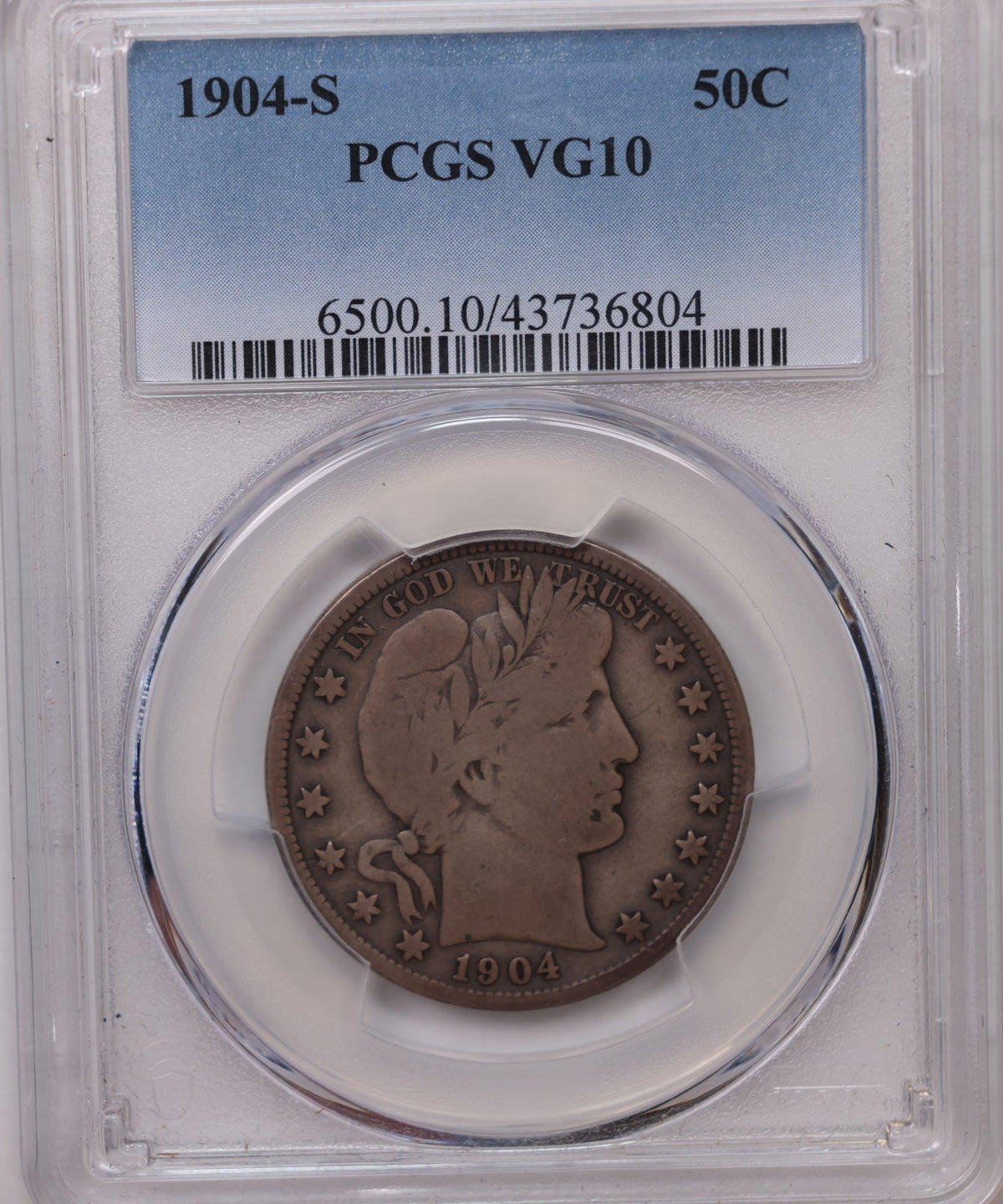 1904-S Barber SIlver Half Dollar, PCGS VG-10, Nice Eye Appeal, Store #HR2051.
