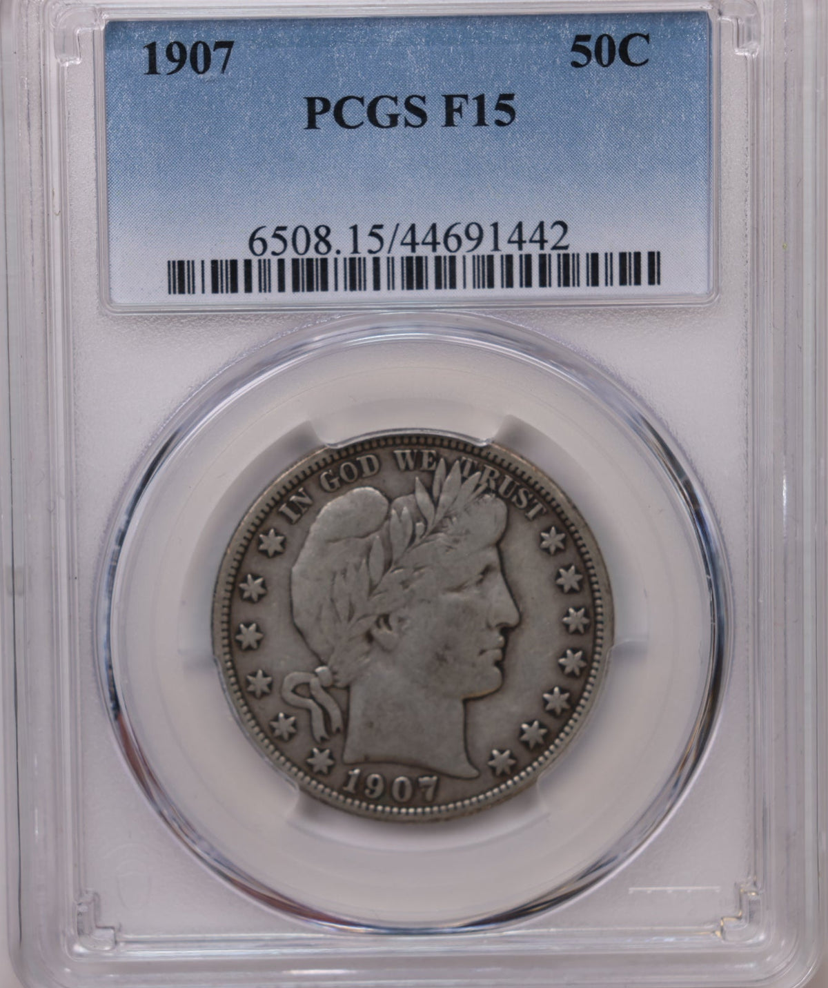 1907 Barber SIlver Half Dollar, PCGS F-15, Nice Eye Appeal, Store #HR2052.