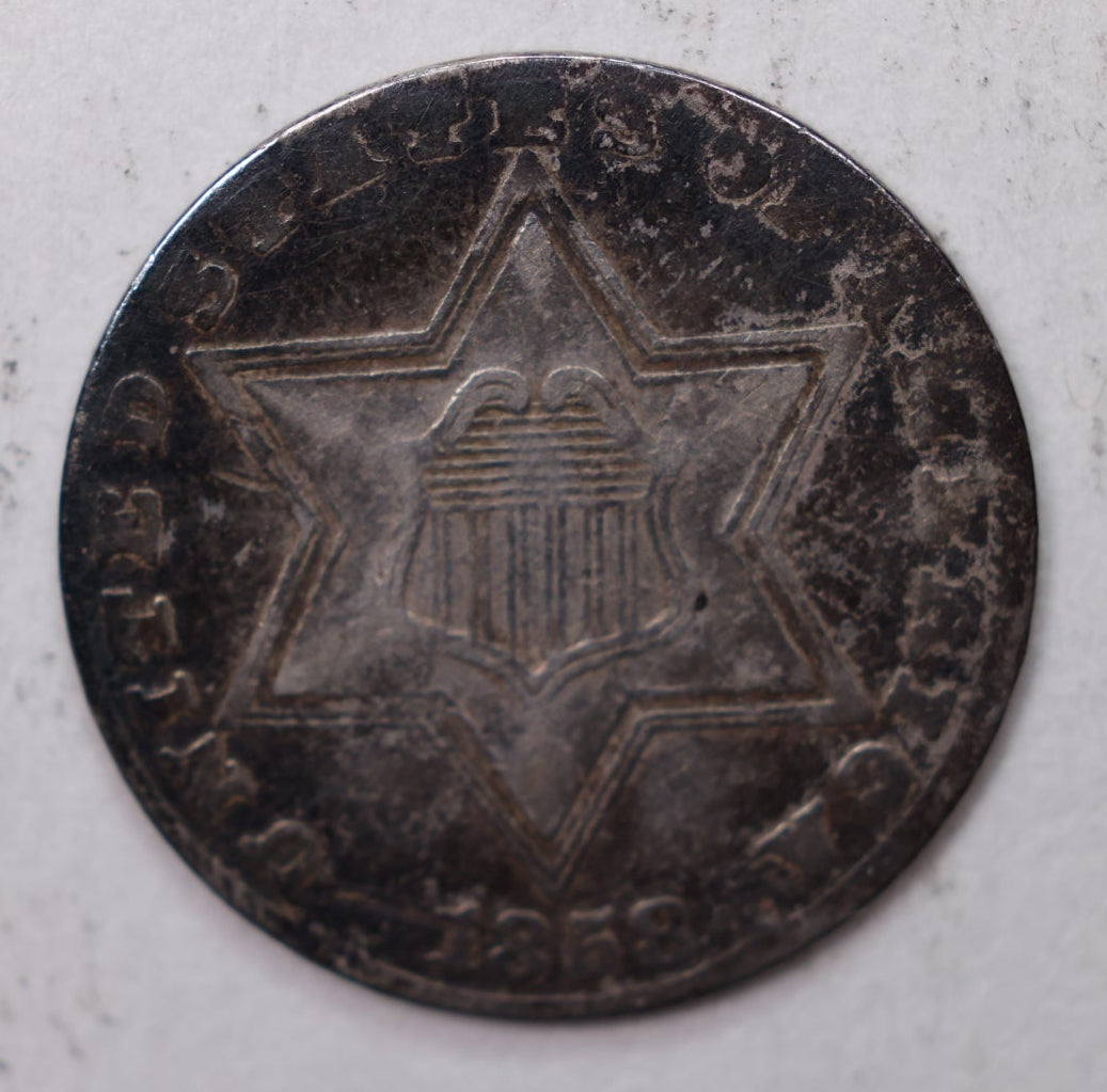 1858 Silver Three-Cent Piece. Very Fine Circulated Coin. Store #3C003.