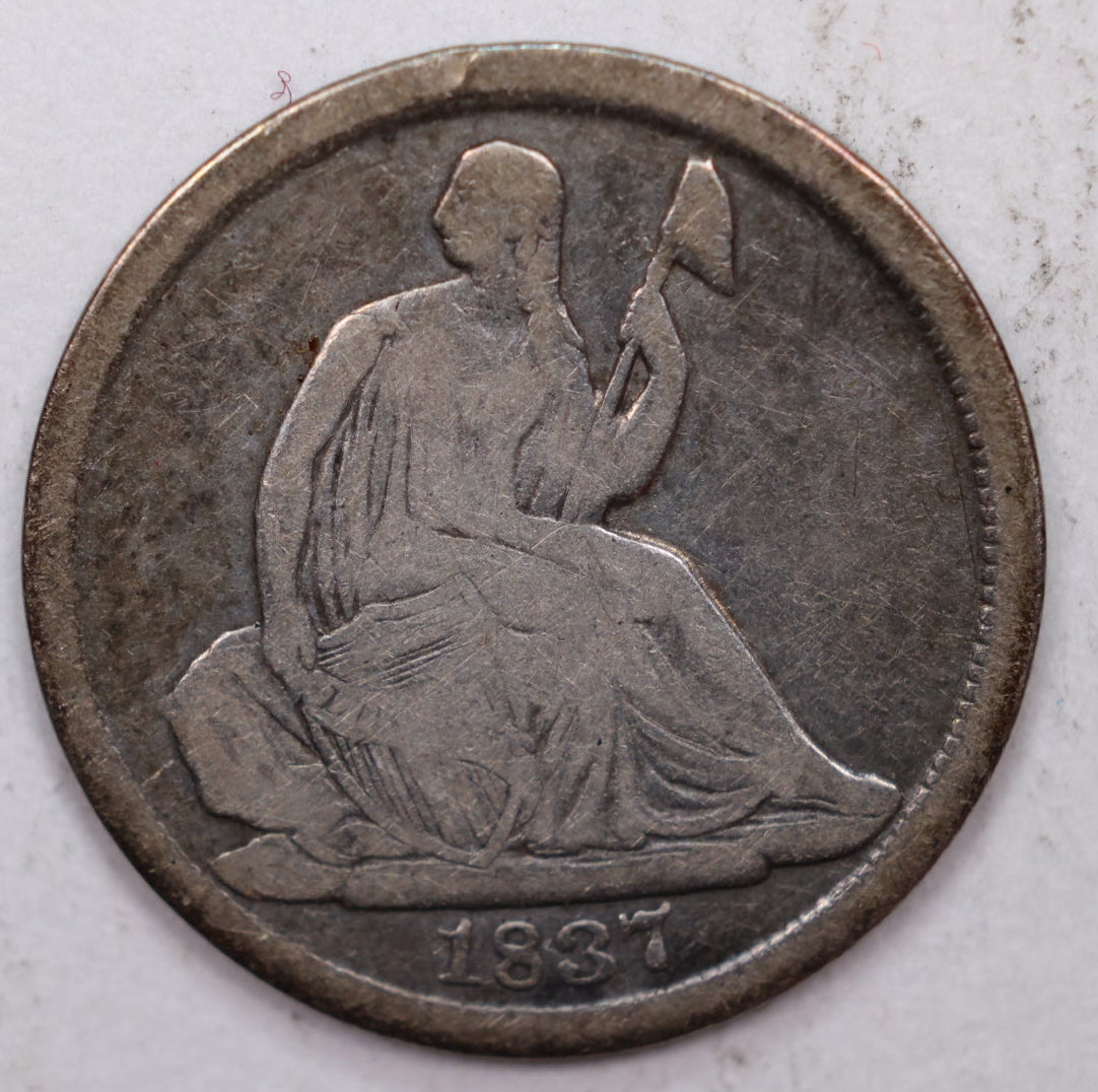 1837 Silver Half Dime, No Stars, Small Date, Very Good Plus Coin, Store #HE003.