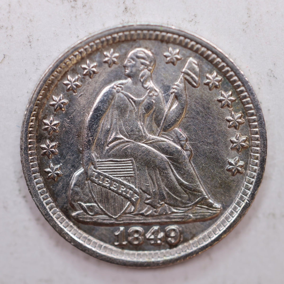 1849/6 Seated Liberty Silver Half Dime, Mint State, Uncirculated, Store #HE023.