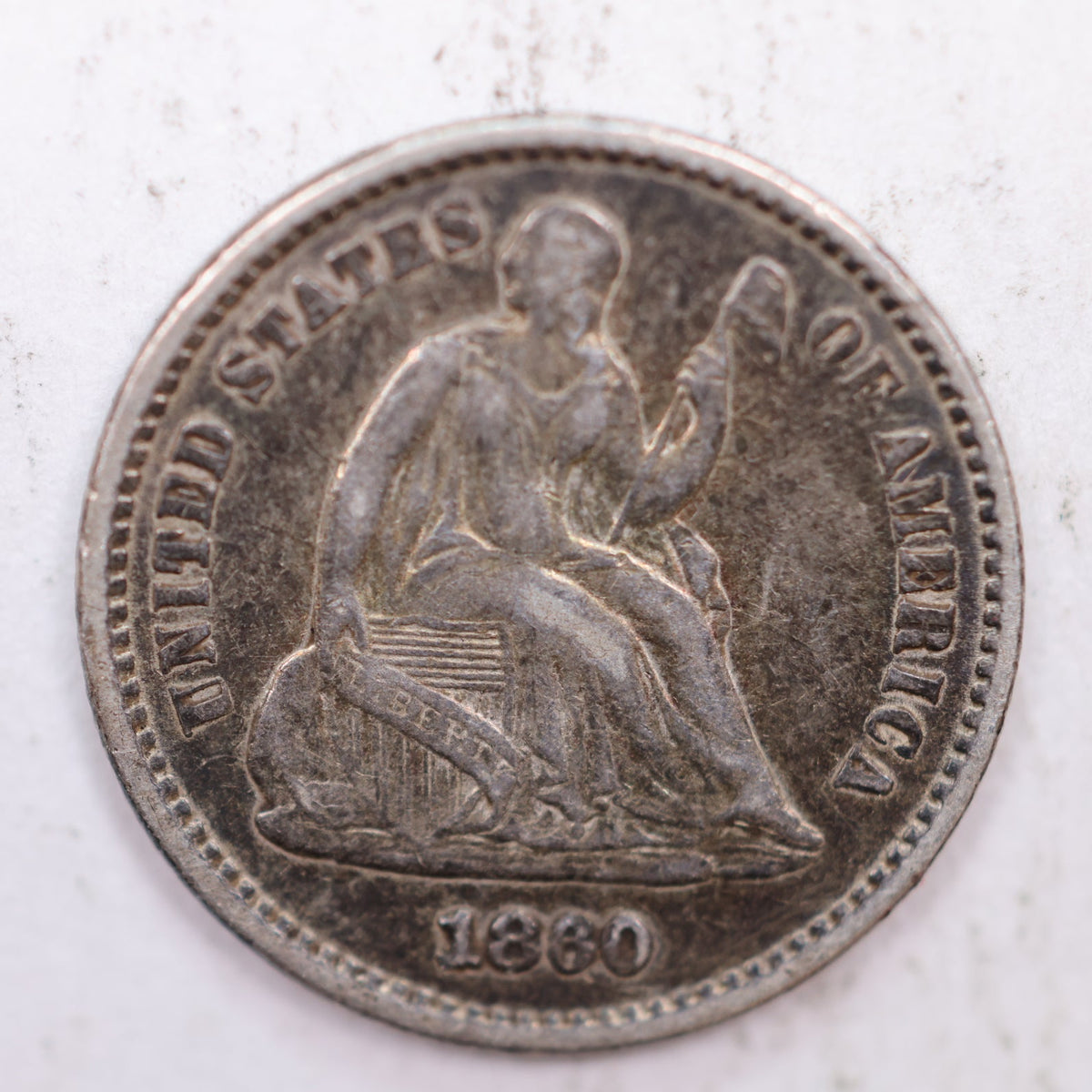 1860 Seated Liberty Silver Half Dime, About Uncirculated Coin, Store #HE038.