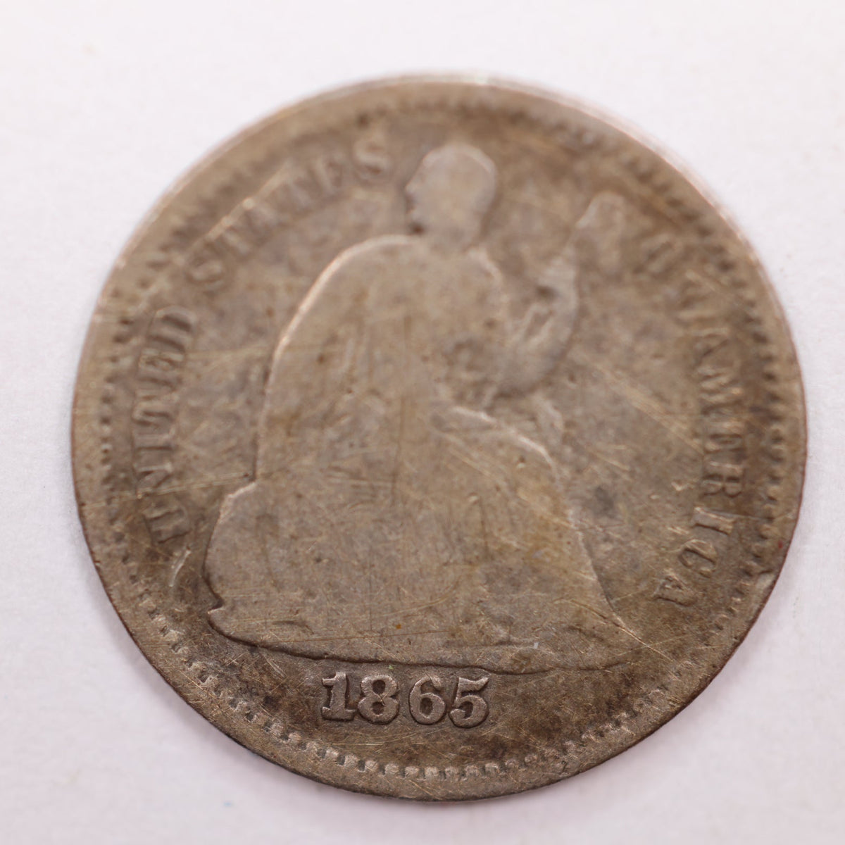 1865-S Seated Liberty Silver Half Dime, Very Good Circulated Coin, Store #HE055.