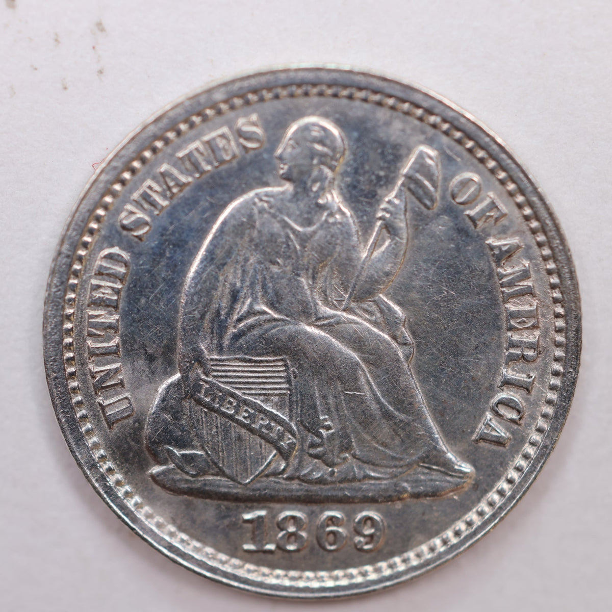 1869-S Seated Liberty Silver Half Dime, About Uncirculated Coin, Store #HE063.