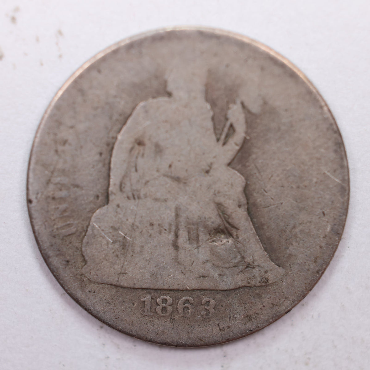 1863-S Seated Liberty Silver Dime, About Good Circulated Coin, Store #DE004.