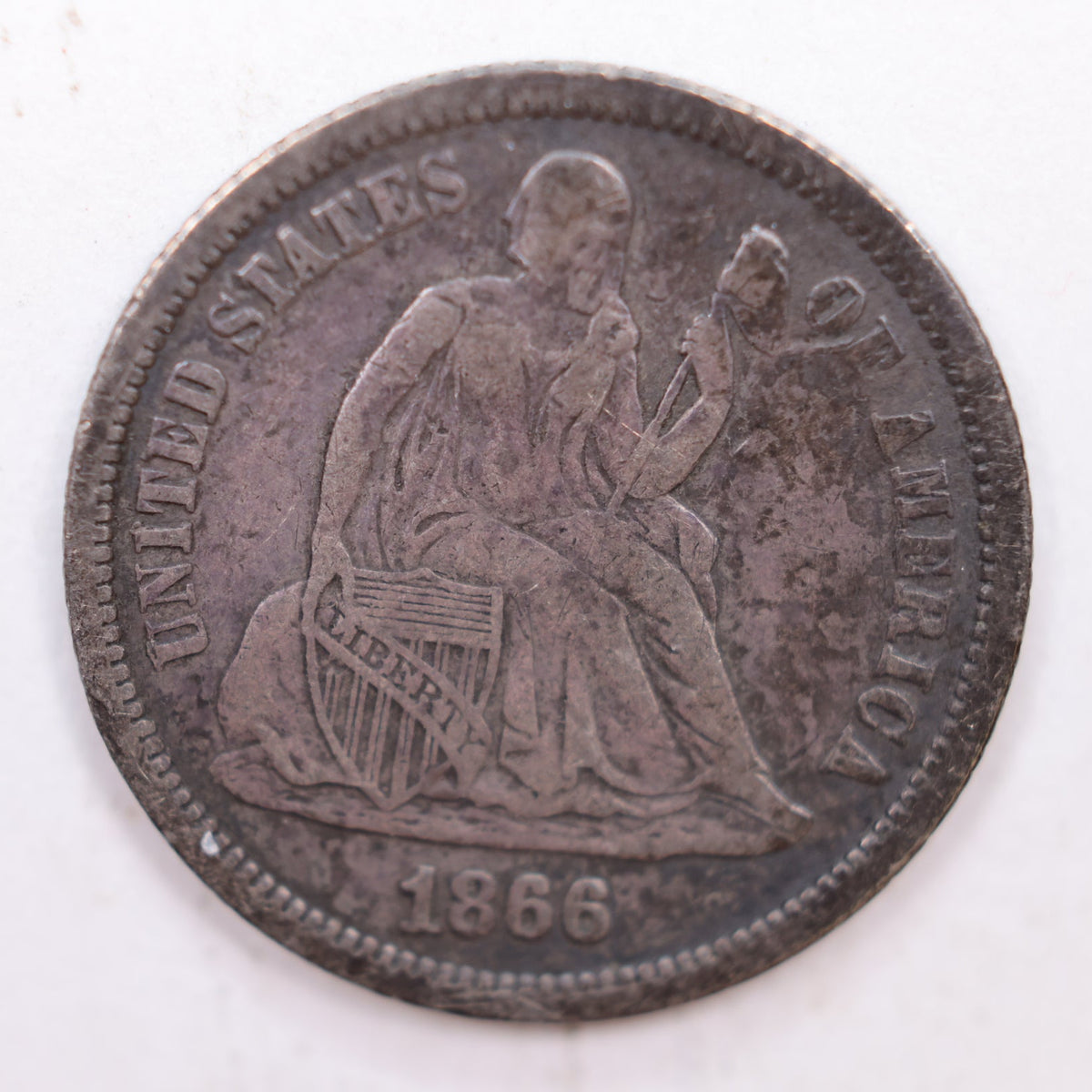 1866 Seated Liberty Silver Dime, Very Fine Circulated Coin, Store #DE006.