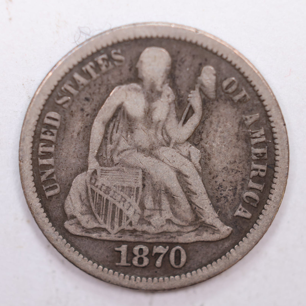 1870 Seated Liberty Silver Dime, Fine Circulated Coin, Store #DE007.
