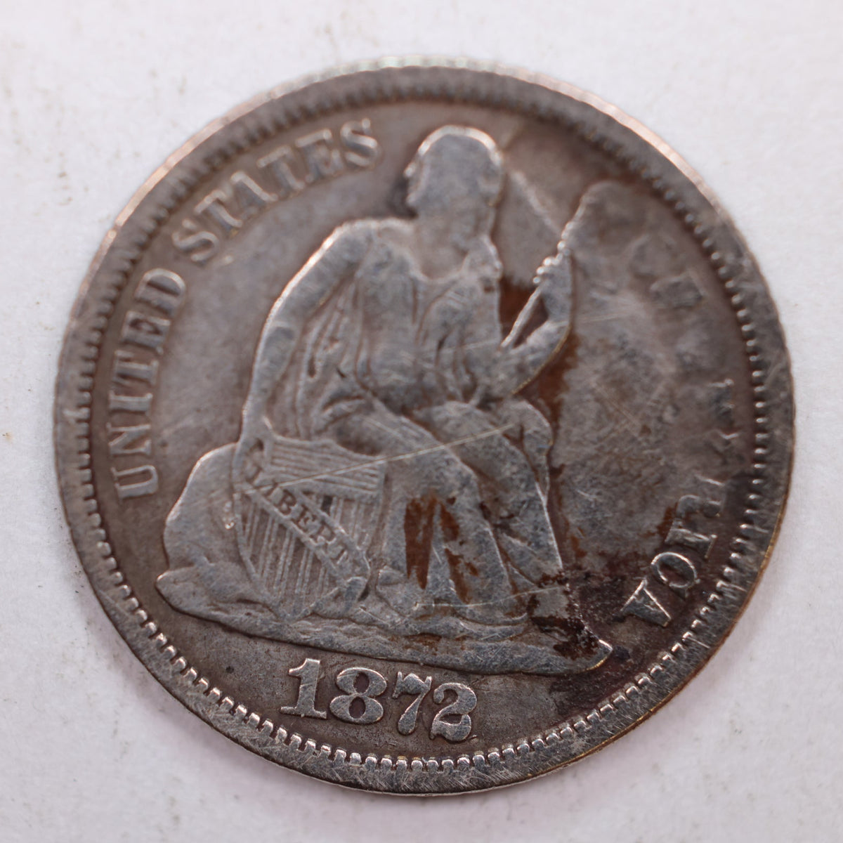 1872-CC Seated Liberty Silver Dime, Very Fine Detailed Coin, Store #DE010.
