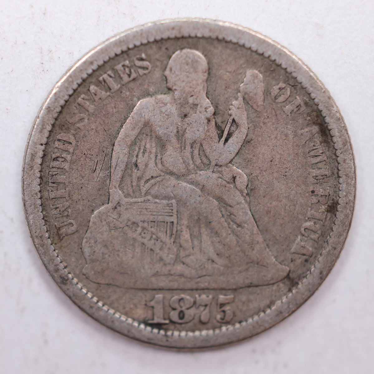 1875-S Seated Liberty Silver Dime, Very Fine Circulated Coin, Store #DE013.