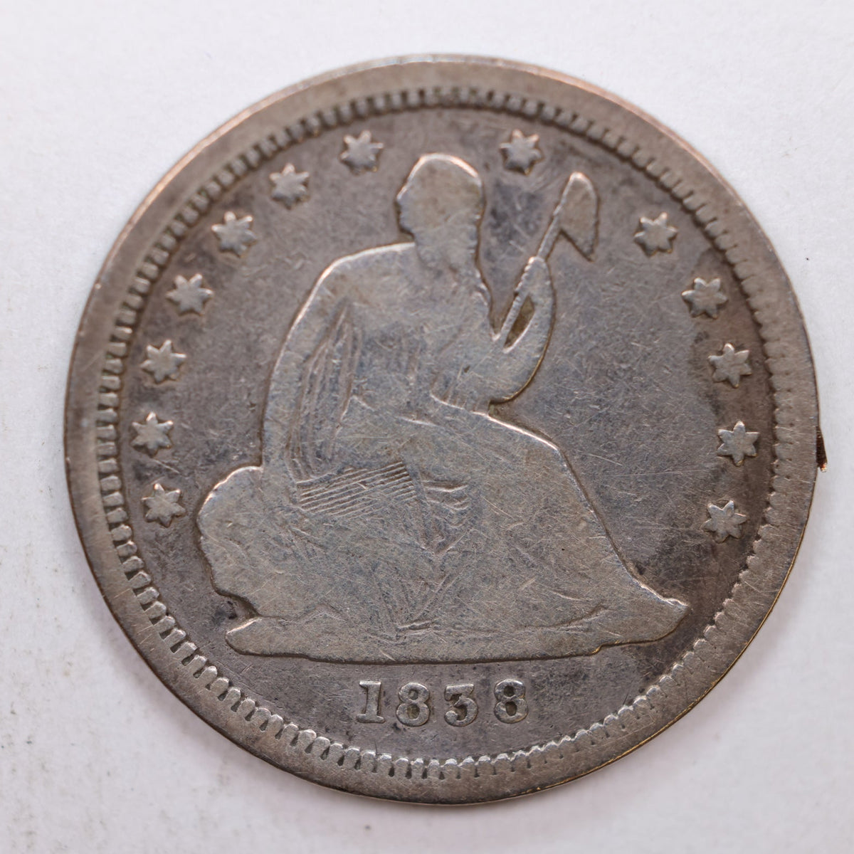 1838 Seated Liberty Quarter, 'No Drape', Very Good Circulated Coin, Store #QR001.