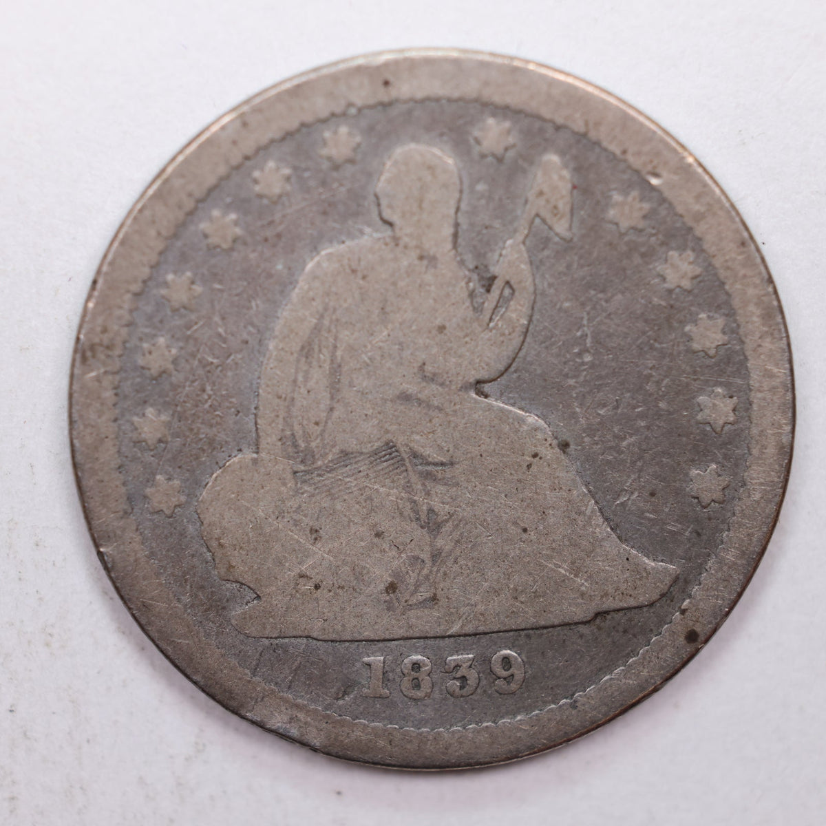 1839 Seated Liberty Quarter, 'No Drape', Good Circulated Coin, Store #QR002.