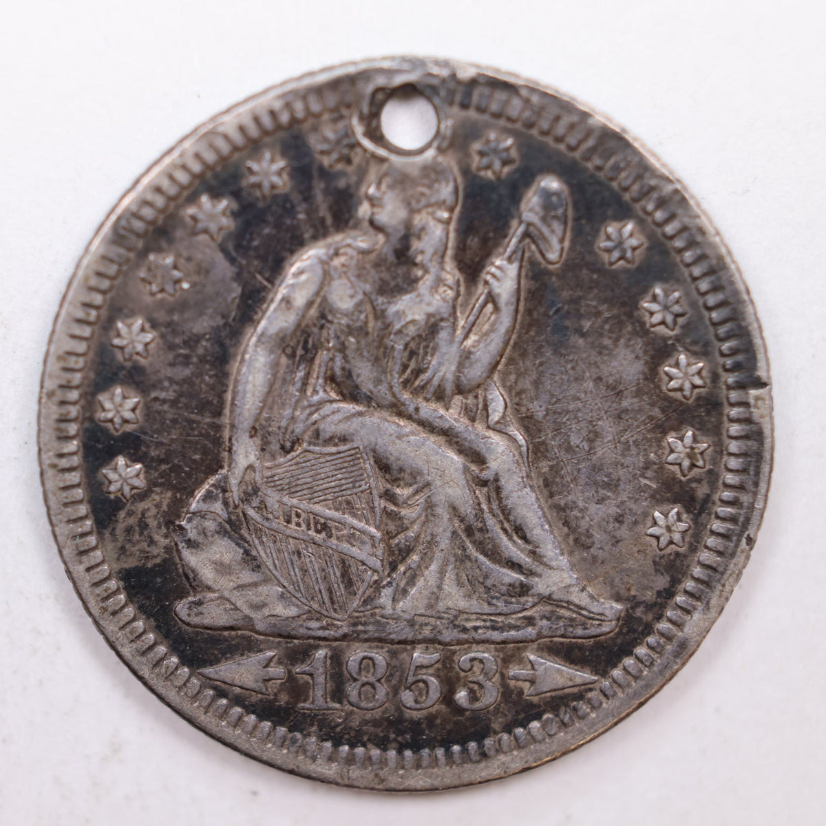 1853 Seated Liberty Quarter, Extra Fine Detailed-Holed Coin, Store #QR008.