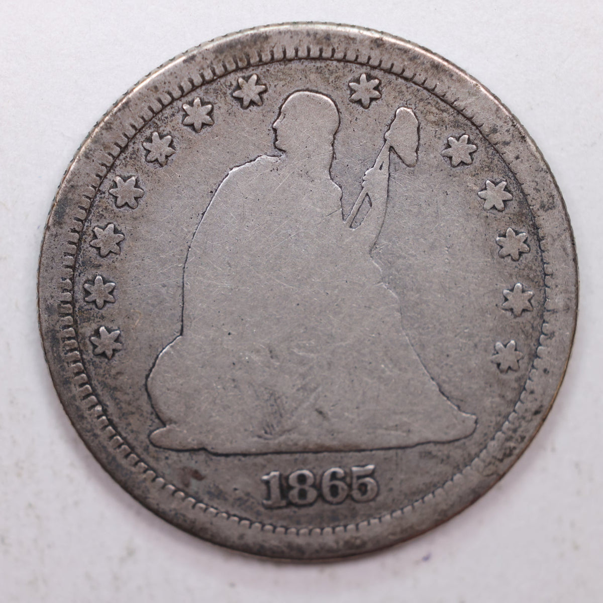 1865 Seated Liberty Quarter, Very Good Circulated Coin, Store #QR012.