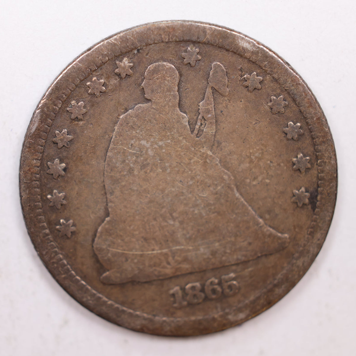 1865 Seated Liberty Quarter, Very Good Circulated Coin, Store #QR013.