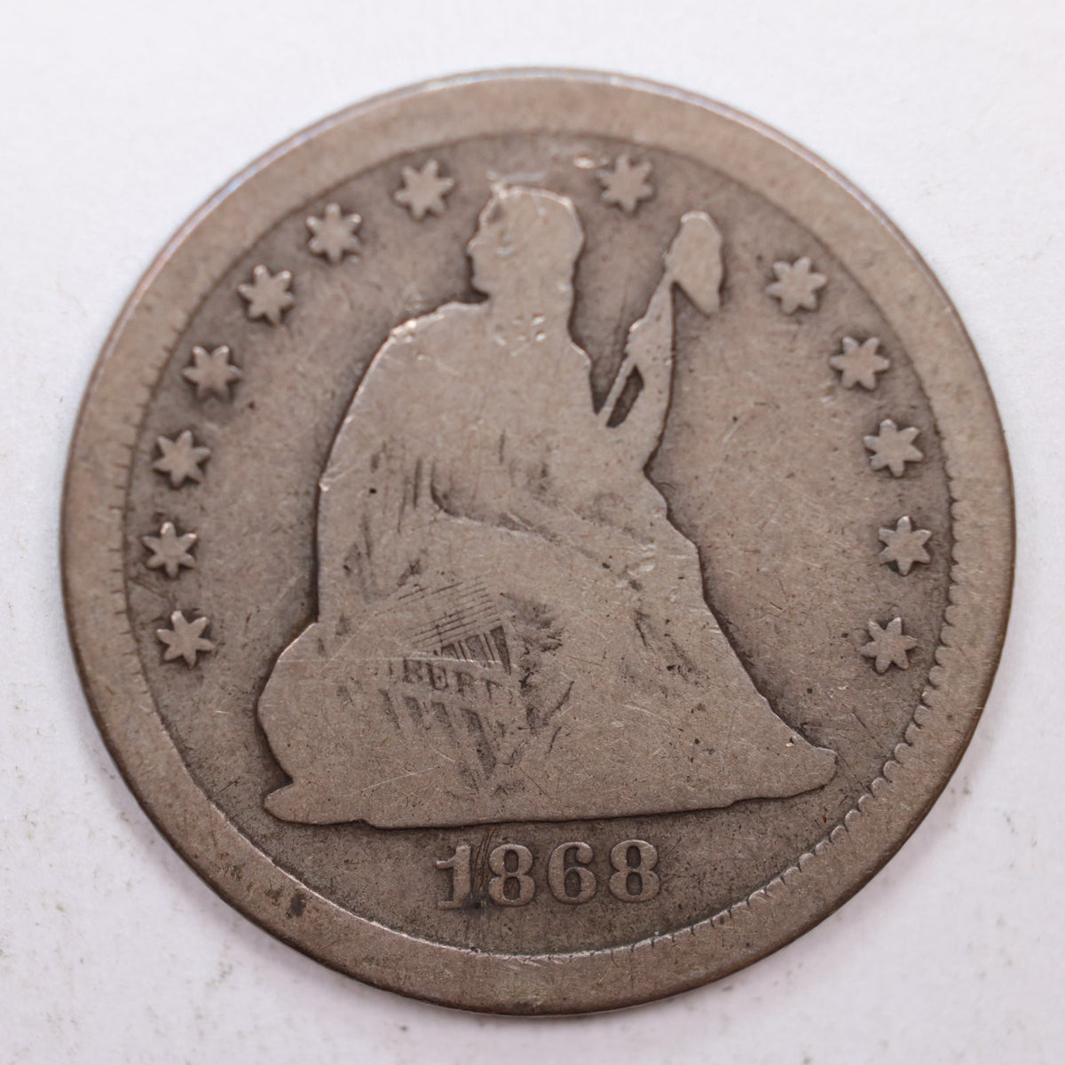 1868-S Seated Liberty Quarter, Very Good Circulated Coin, Store #QR014.