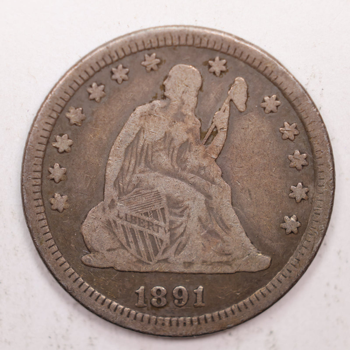 1891 Seated Liberty Quarter, Med Date, Fine Circulated Coin, Store #QR021.