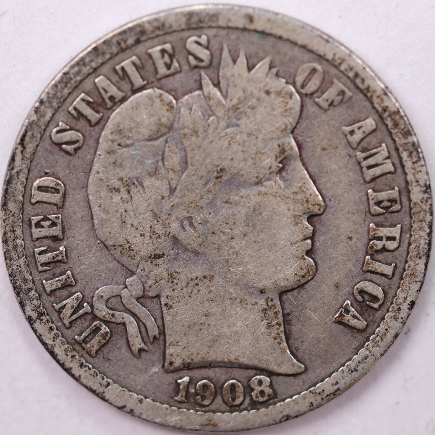 1908-D Barber Dime, Very Good Circulated Coin, Store #19180