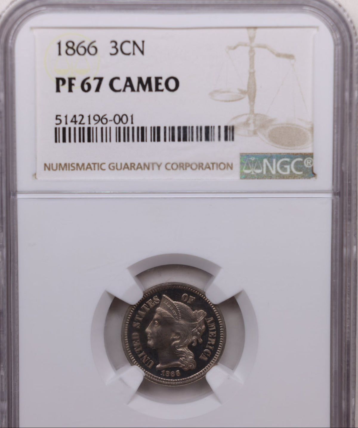 1866 3 Cent Copper Nickel, Proof Strike, NGC PF-67 Cameo, Store #G3C006.