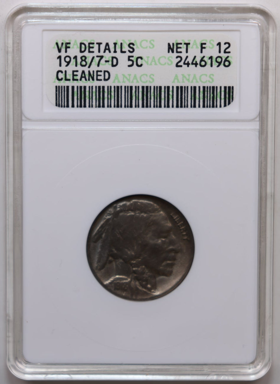 1918/7-D Buffalo Nickel, 'RARE' Overdate, ANACS Very Fine Details, #NL850.