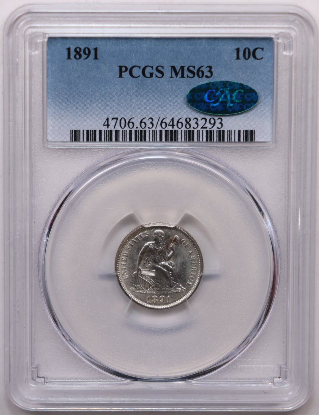 1891 Seated Liberty Silver Dime, PCGS MS-63, Green CAC Sticker, #DE1005.