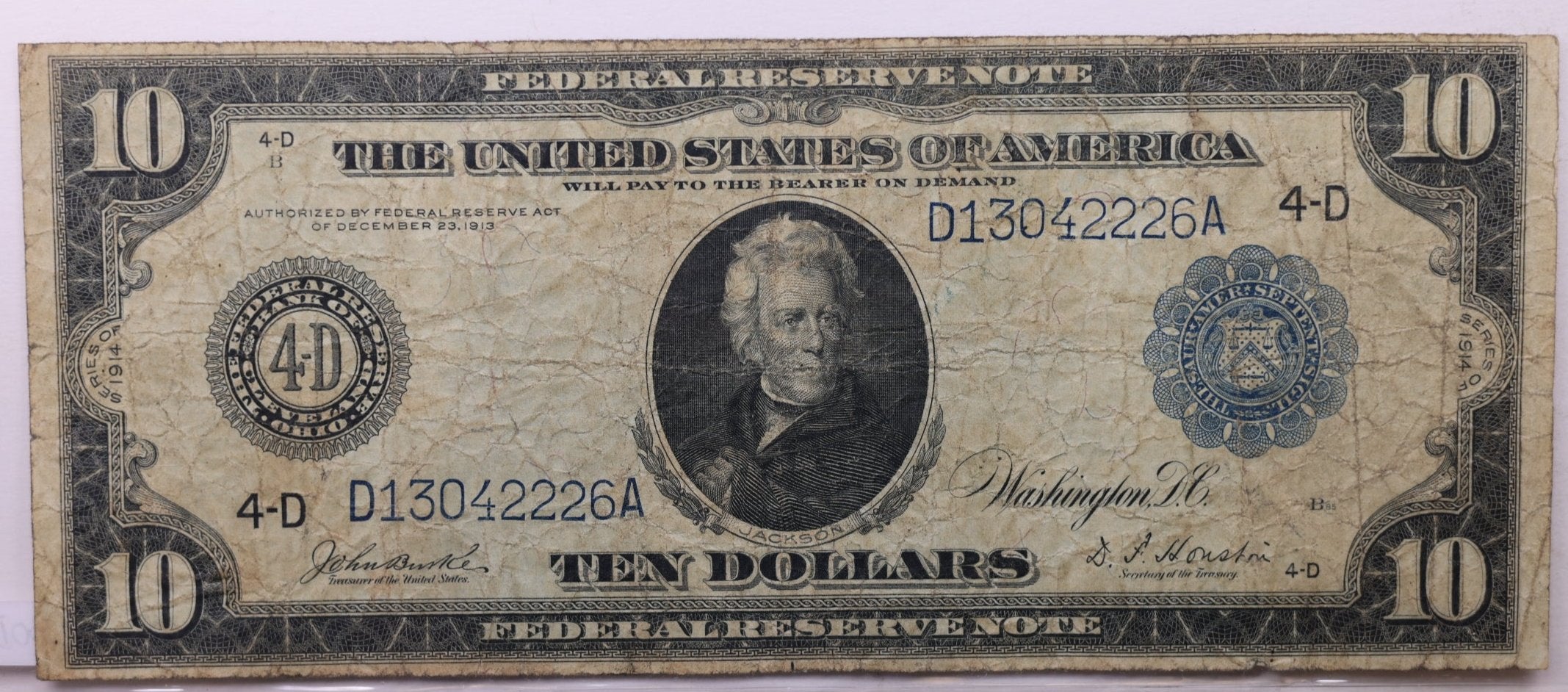 1914 $10 Federal Reserve Note., Large Size, Very Fine., Store #LFN0004