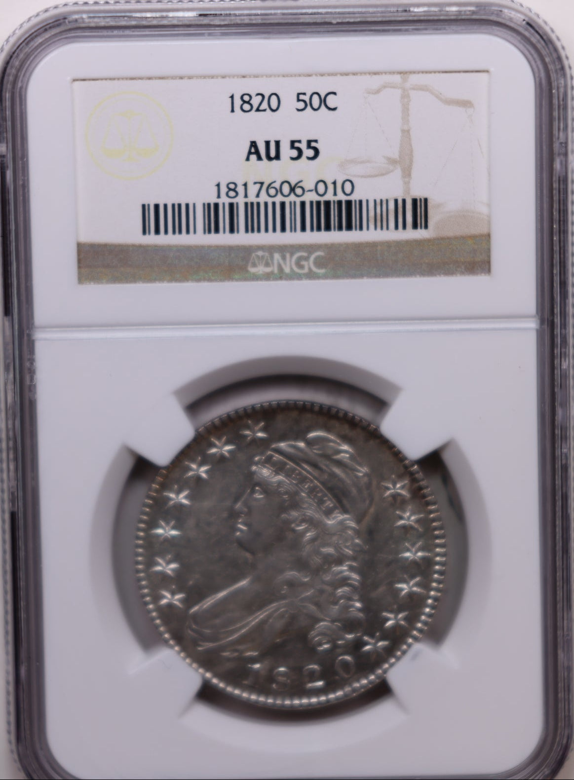 1820 Cap Bust Silver Half Dollar, Nice Eye Appeal, NGC AU-55, Store #HR2060.