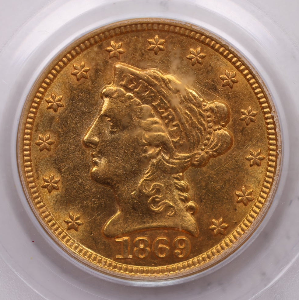 1869-S $2.50 Gold Liberty, Quarter Eagle, PCGS AU58, CAC Sticker, #G005.