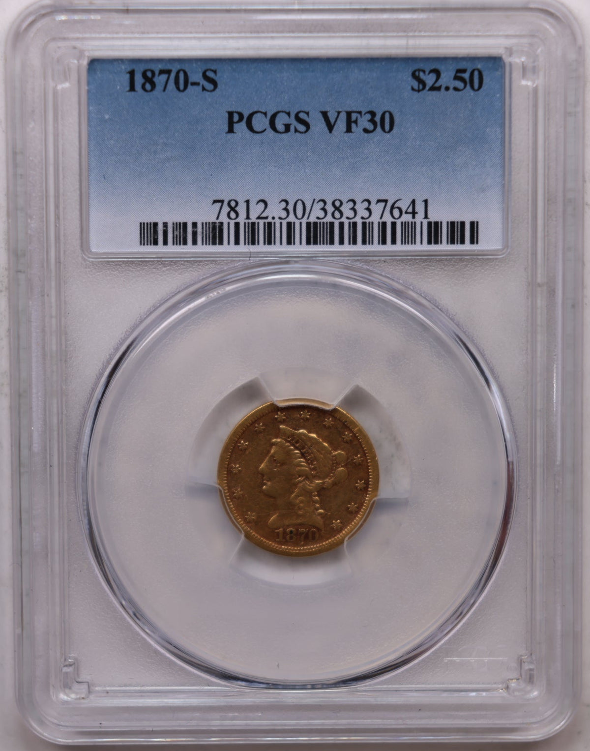 1870-S $2.50 Gold Liberty, Quarter Eagle, PCGS VF-30, STORE #G006.