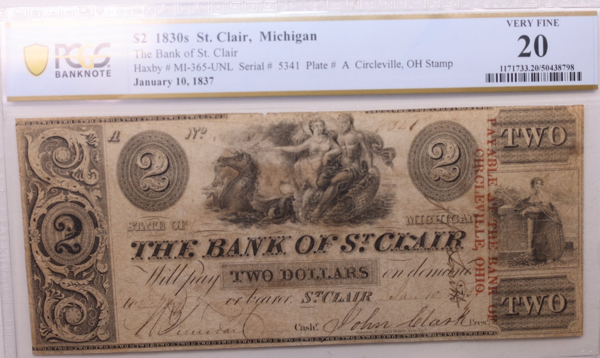 1838 $2., Bank of St Clair., St Clair, MI., Obsolete., PCGS VF-20., Store #GMI014