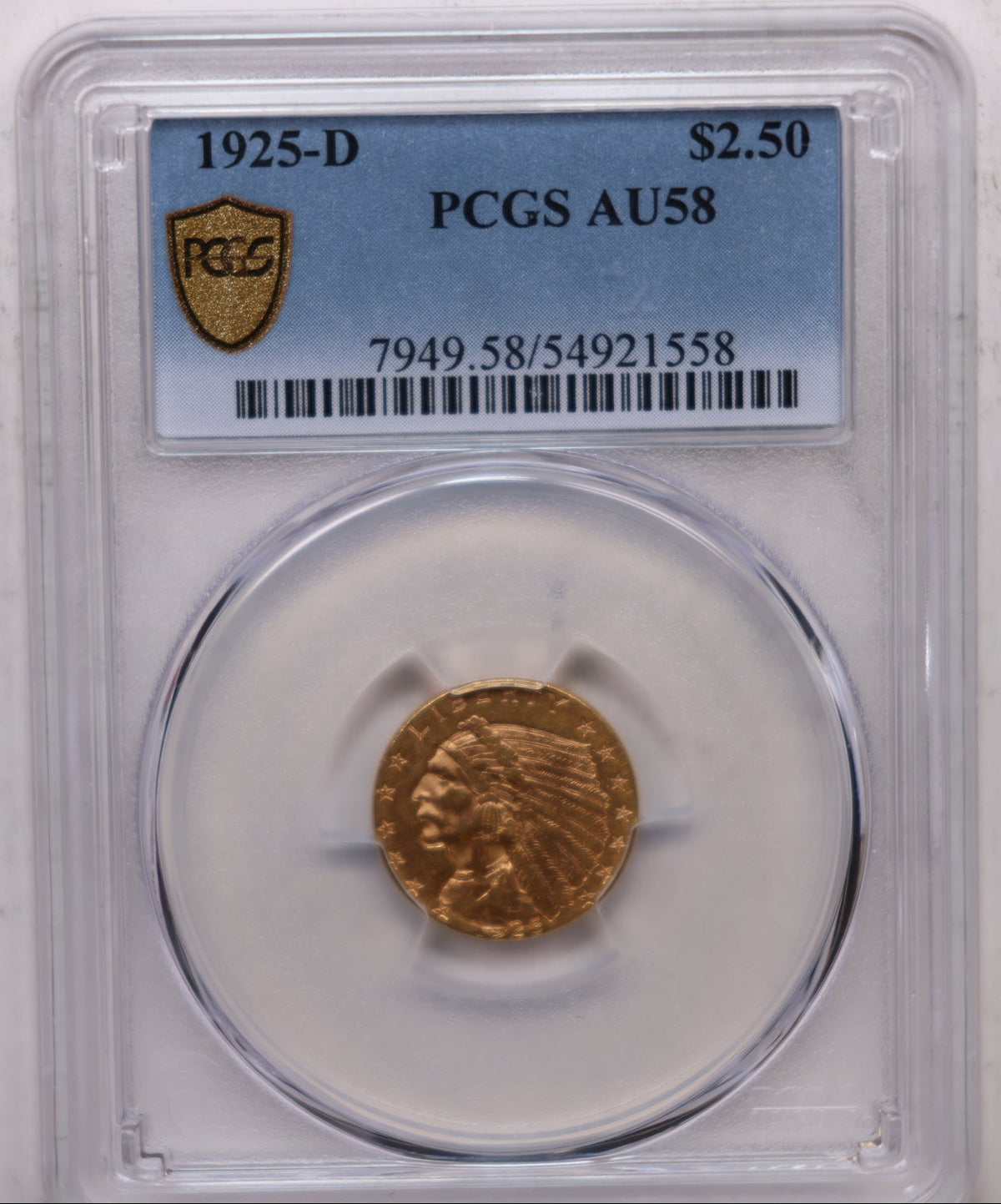 1925-D $2.50 Gold Indian, Quarter Eagle, PCGS AU-58, STORE #G008.