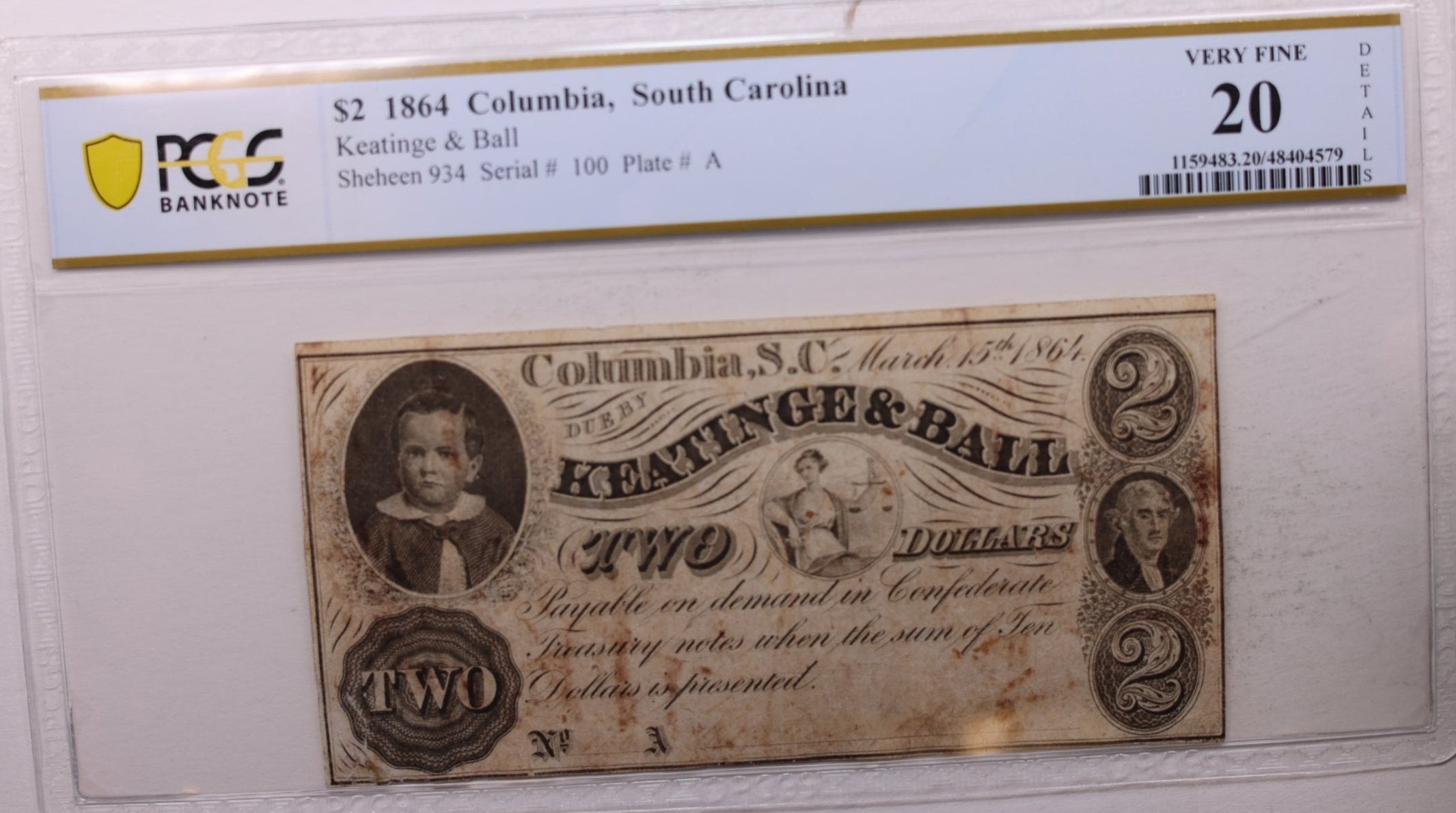1864 $2., KEATINGE & BALL., Columbia, S.C., PCGS VF-20., Store #GSC001