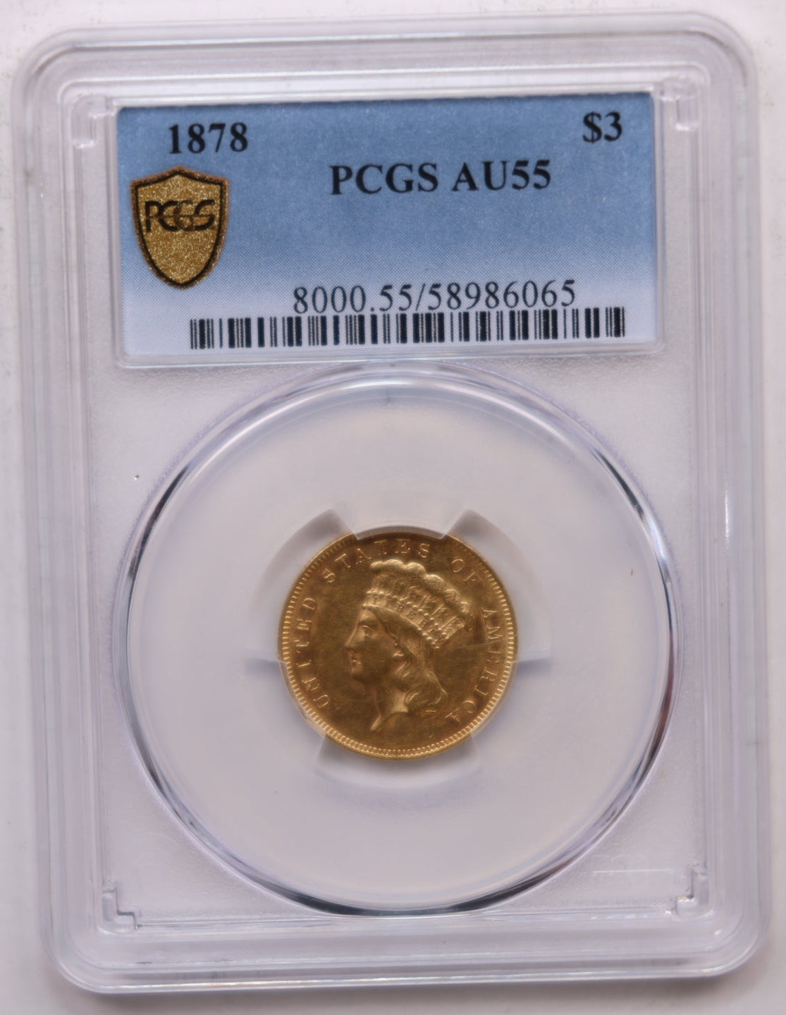 1878 $3. Gold Princess, Nice Eye Appeal, PCGS Certified AU-55, Store #G010.