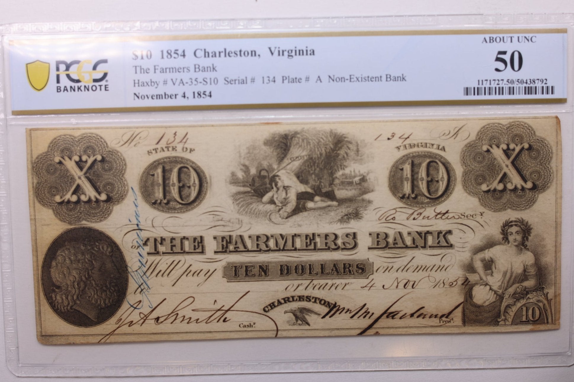 1854 $10., Farmers Bank., Charleston, VA., Obsolete., PCGS AU-50., Store #GVA002