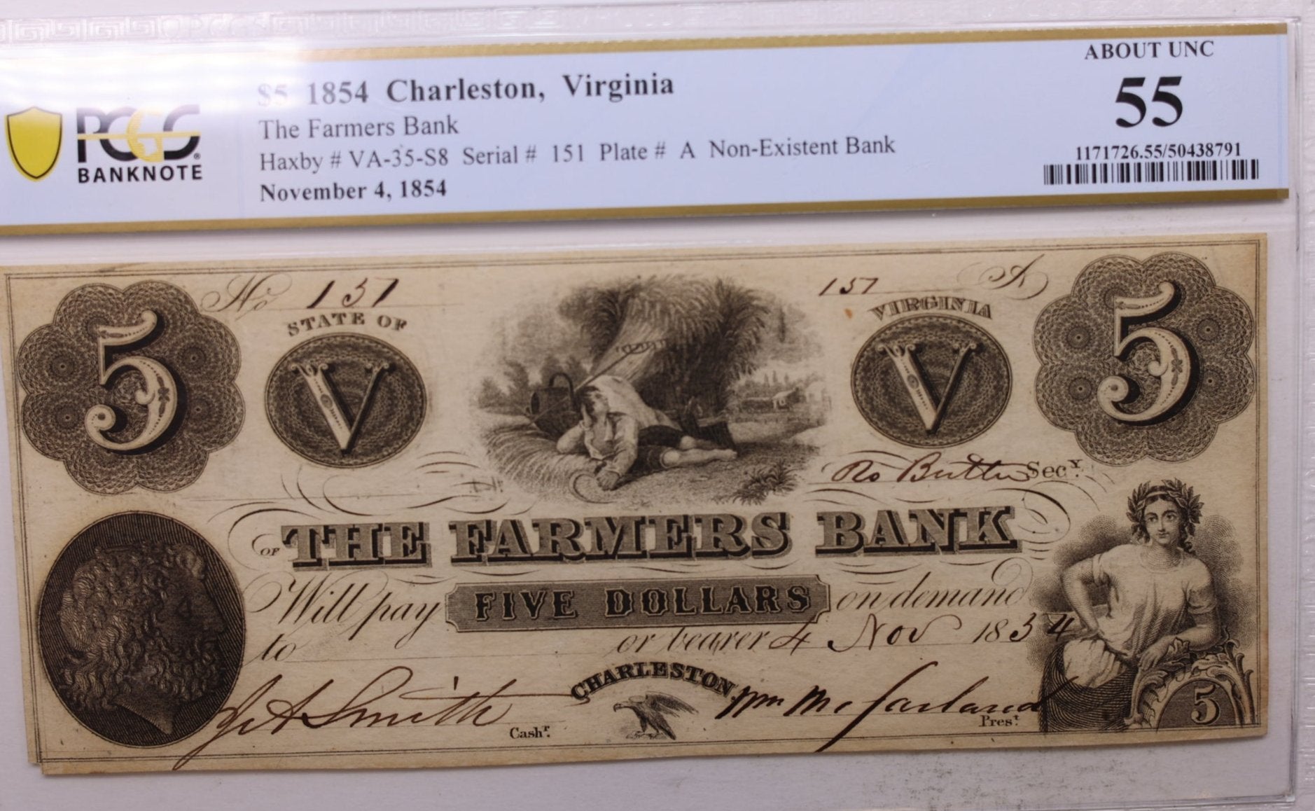 1854 $5., Farmers Bank., Charleston, VA., Obsolete., PCGS AU-55., Store #GVA003
