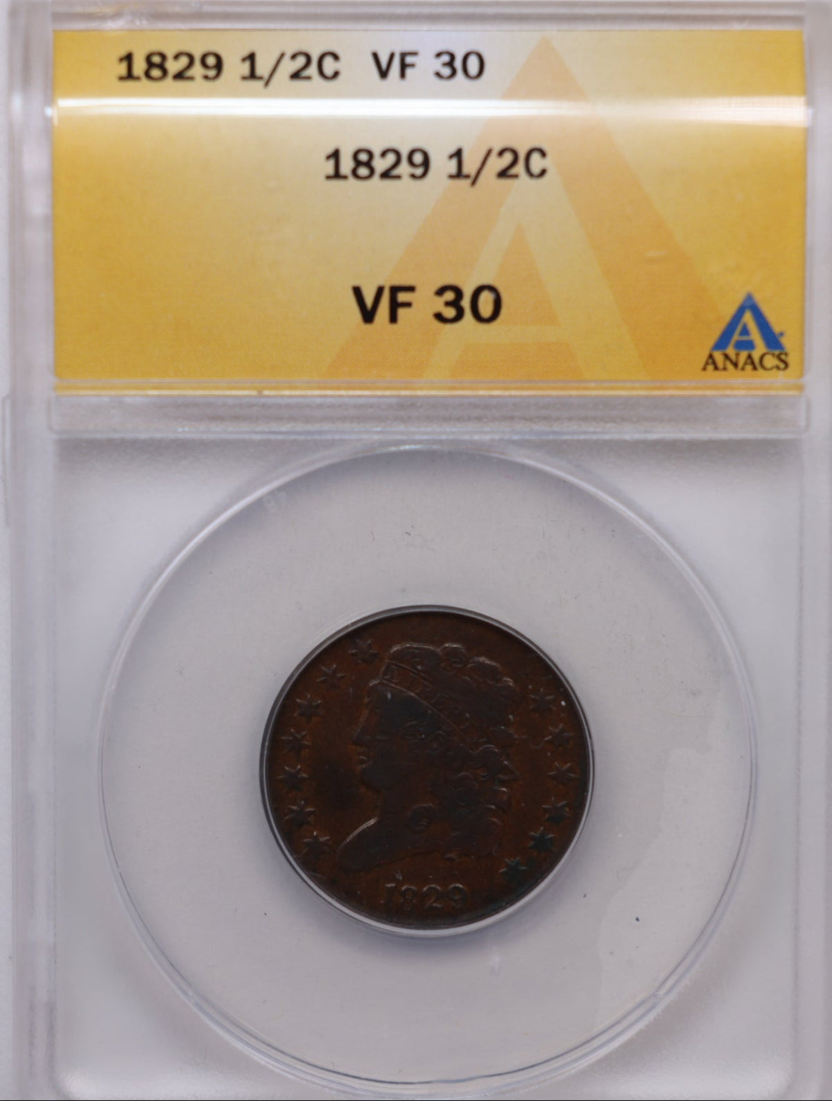 1829 Cap Bust Half Cent, ANACS VF-30 Circulated Coin, Store #HT0037.