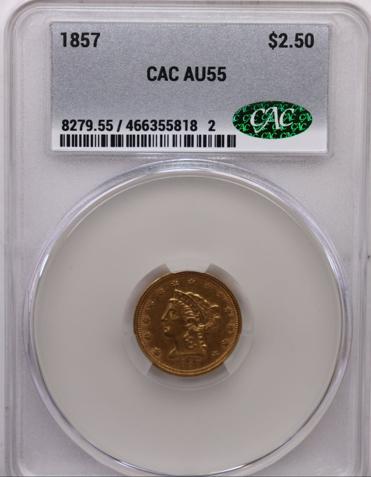 1857 $2.50 Gold Quarter Eagle, CAC AU-55, Nice Coin, Store Sale#G013.