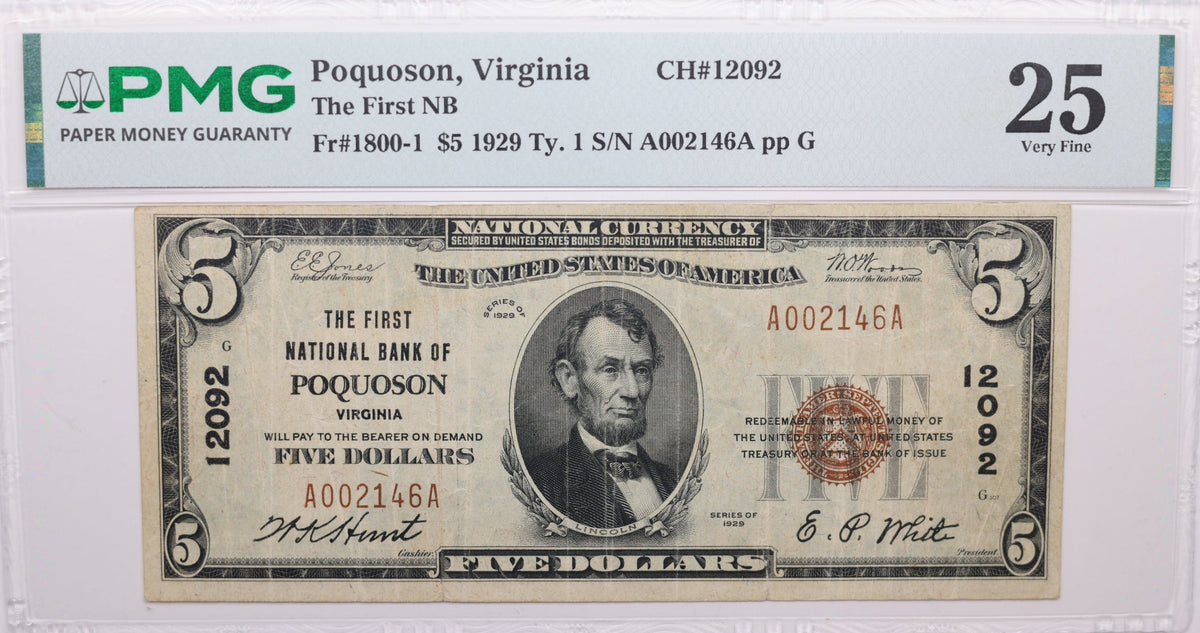1929 $5, Poquoson VA, National Currency, CH#12092. PMG V.F.-25, Store#NBN013.