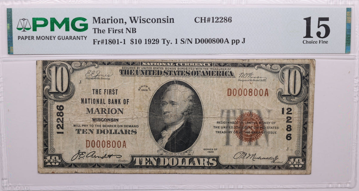 1929 $10, Marion, Wisconsin, National Currency, CH#12286. PMG Fine-15, Store#NBN045