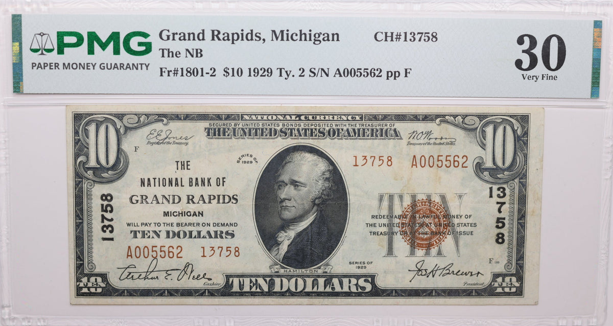1929 $10, Grand Rapids, Michigan, National Currency, CH#13758. PMG VF-30, Store#NBN051